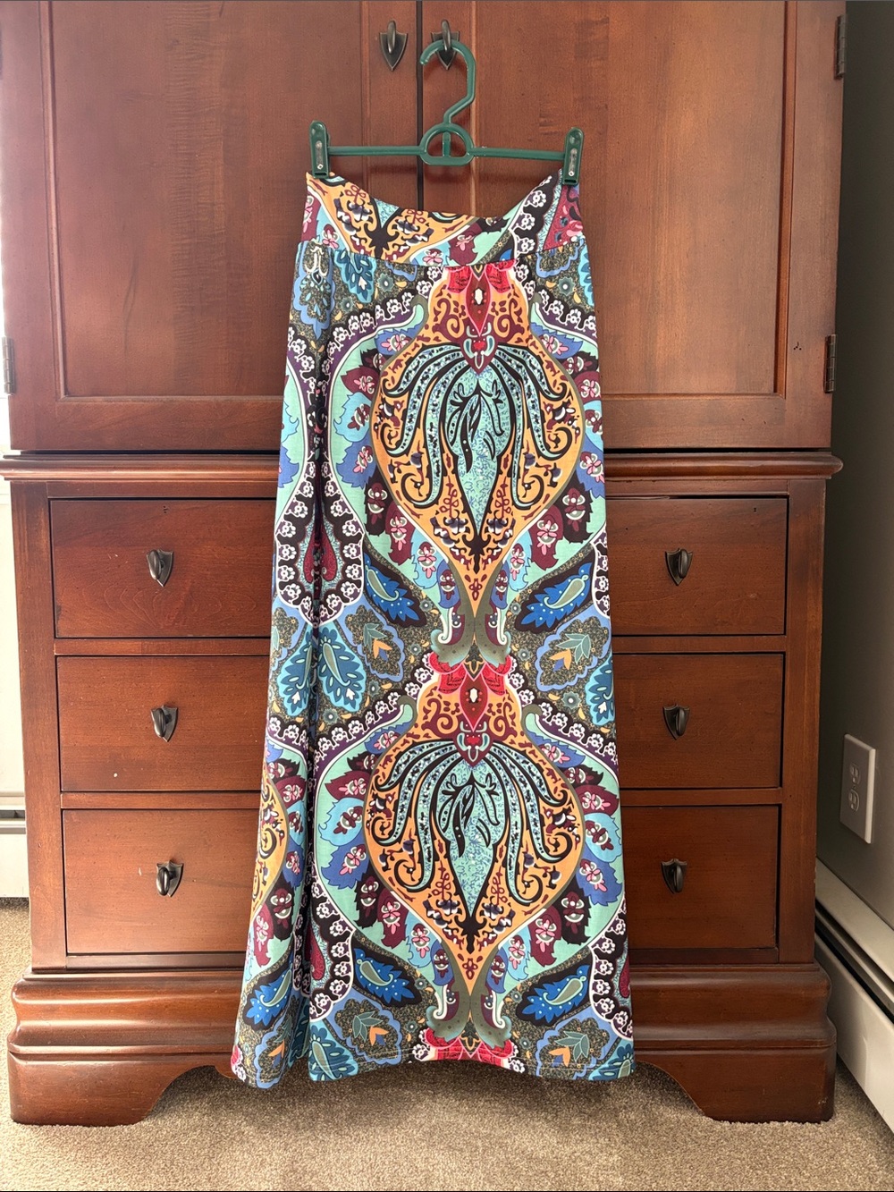 Flowy Paisley Print Boho Maxi Skirt Blue Teal Festival Summer